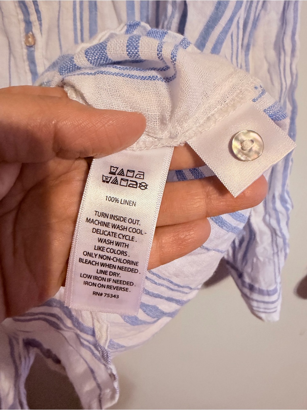 JNY Jones New York 100% Linen Blue White Striped Button Up Shirt Large - Picture 5 of 9